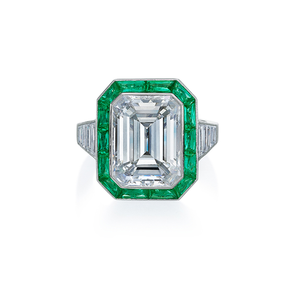 Platinum Emerald-Cut Diamond and Emerald Halo Ring
